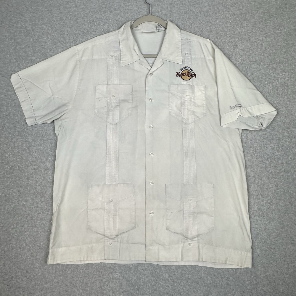 VTG Hard Rock Cafe Guayabera Shirt Mens L Gray Austin Rockabilly Embroidered‎
